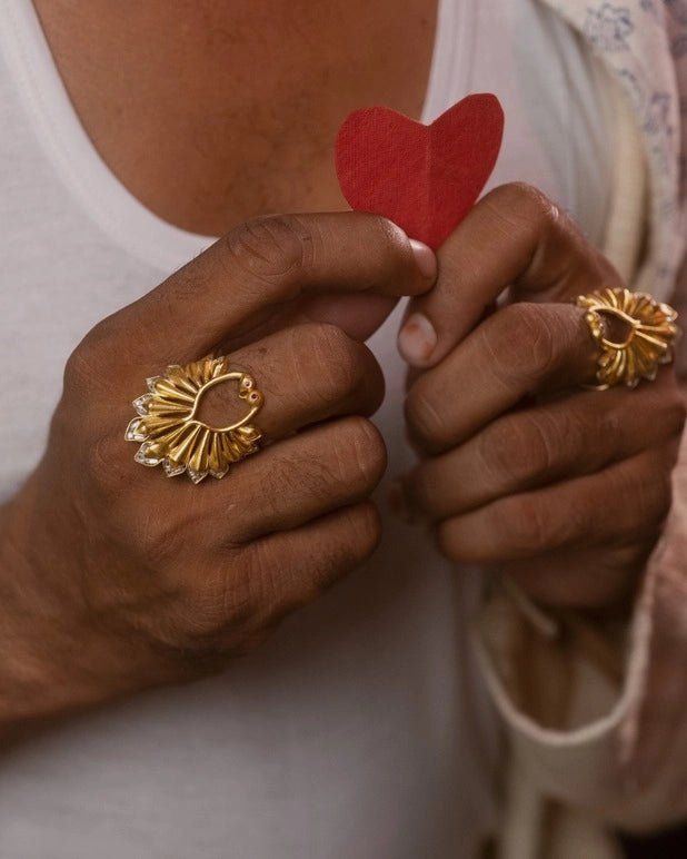 Pongal Ring in 18-carat gold plating on sterling silver, worn by a model – rings, Bhavya Ramesh