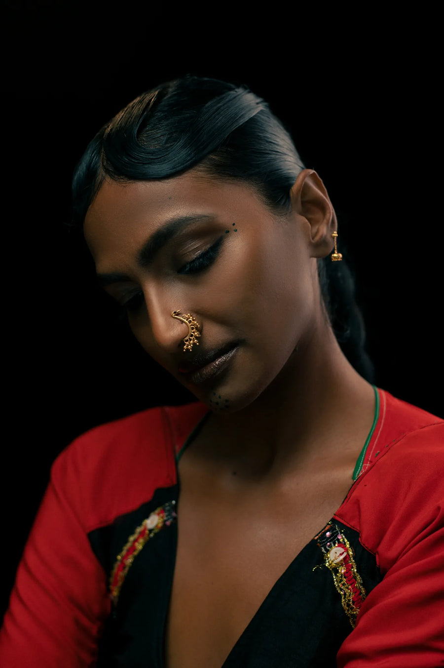Preen Nose Pin in 18-carat gold plating on sterling silver, worn by a model – nose pin, Bhavya Ramesh