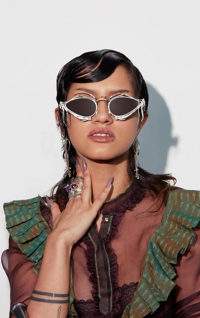 Qamini Sunglasses in 925 sterling silver, worn by a model – sunglasses, Bhavya Ramesh