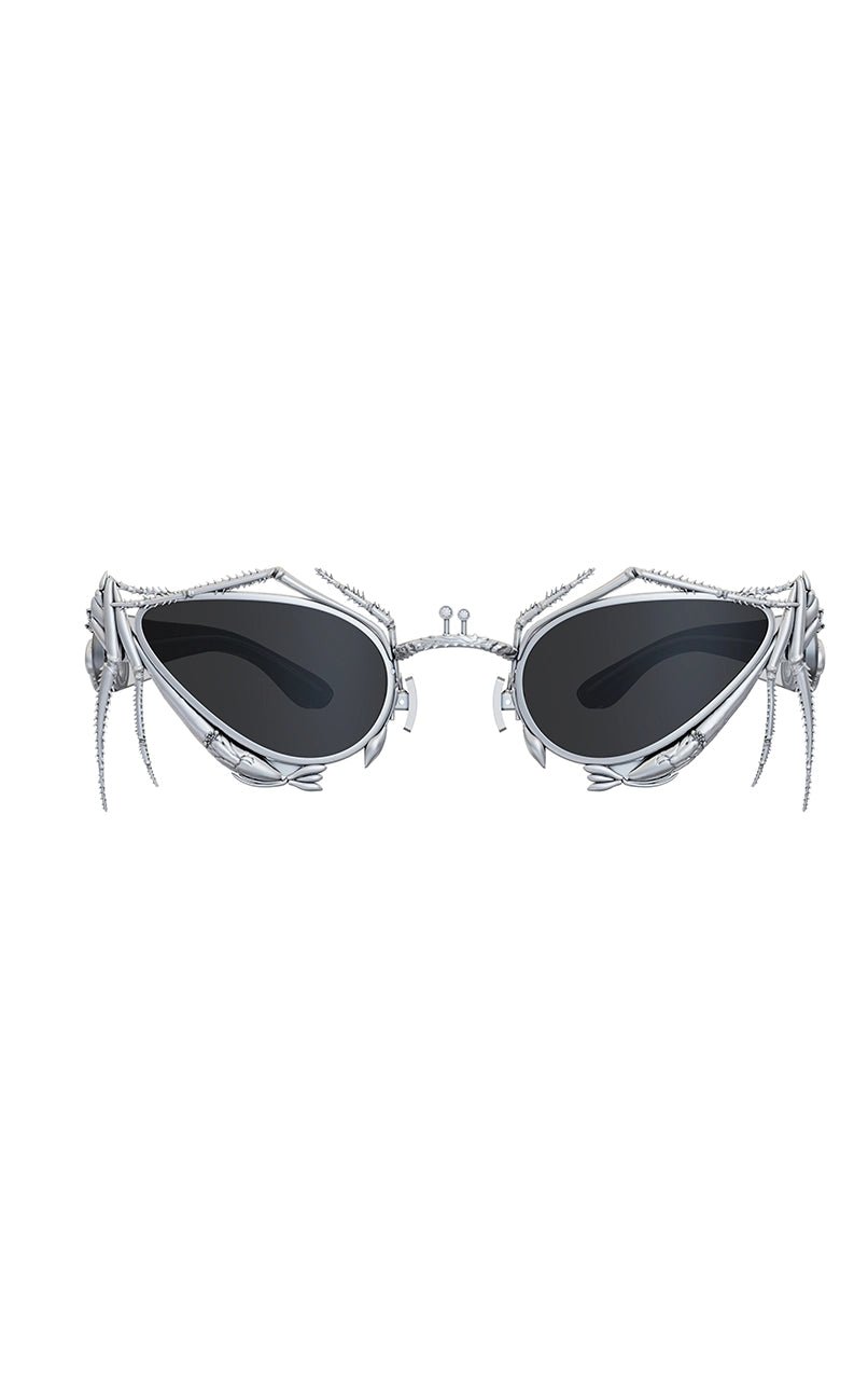 Qamini Sunglasses in 925 sterling silver, product photo on black – sunglasses, Bhavya Ramesh