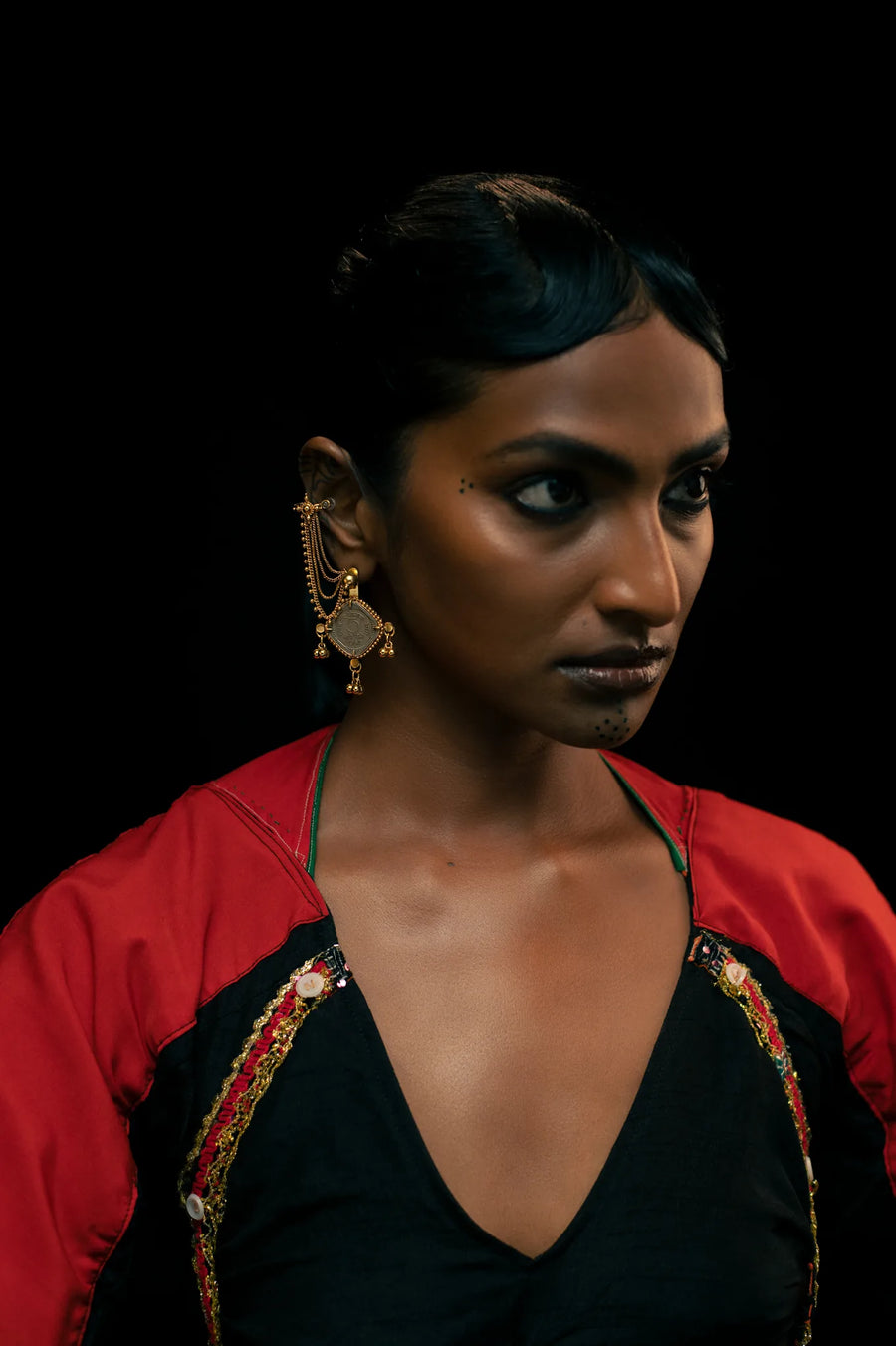 Rumira Earrings in 18-carat gold plating on sterling silver, worn by a model – earrings, Bhavya Ramesh