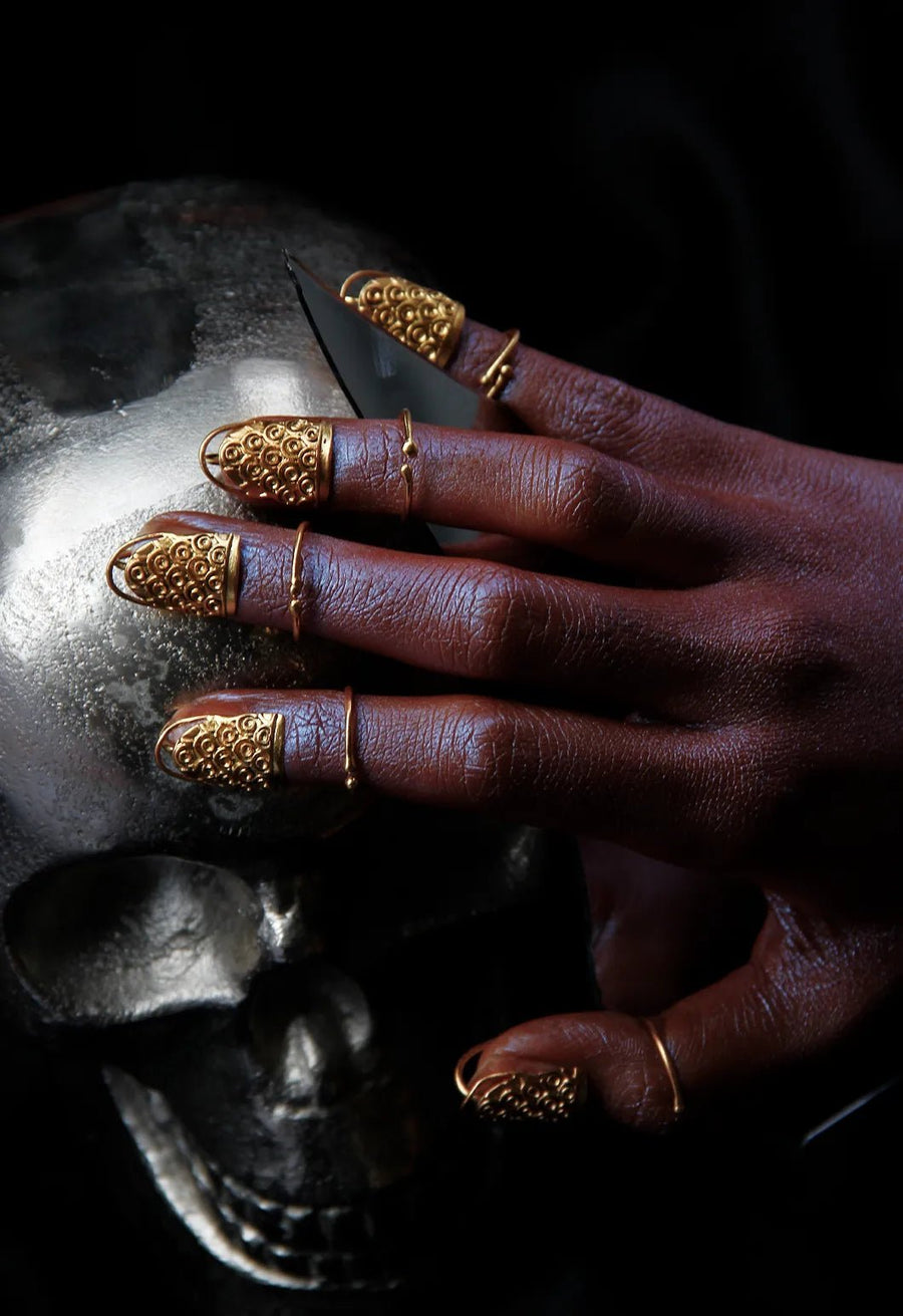 Shark in 18-carat gold plating on sterling silver, product photo on black – nail rings, Bhavya Ramesh