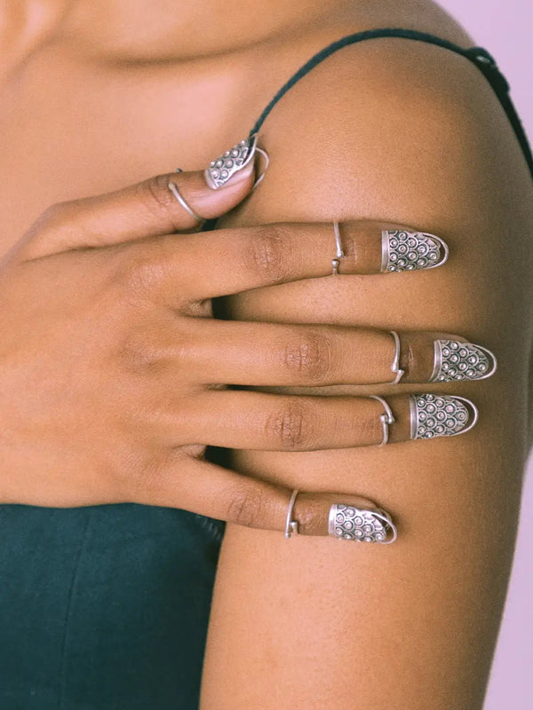 Shark in sterling silver, worn by a model – nail rings, Bhavya Ramesh