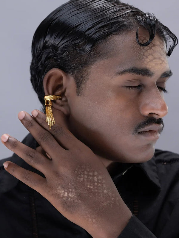Slinther Ear clips in 18-carat gold plating on sterling silver, worn by a model – ear clips, Bhavya Ramesh