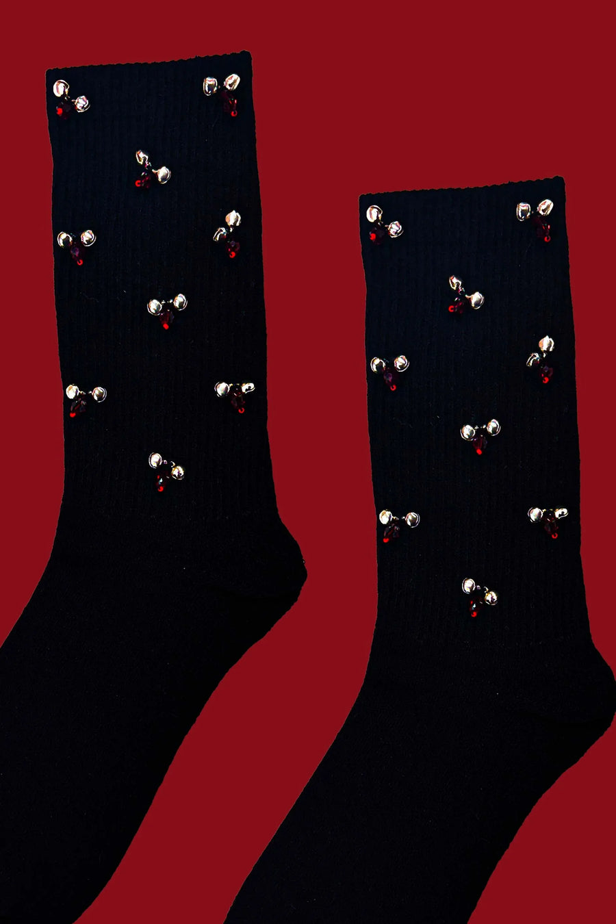 Ghungroo Socks in sterling silver, product photo on black – socks, Bhavya Ramesh