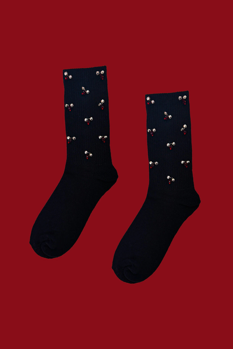Ghungroo Socks in sterling silver, product photo on black – socks, Bhavya Ramesh