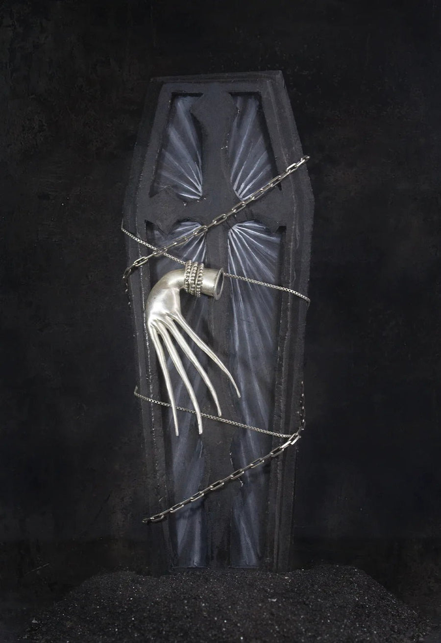 Soul snatcher Neckpiece in 925 sterling silver, product photo on black – neck pieces, Bhavya Ramesh
