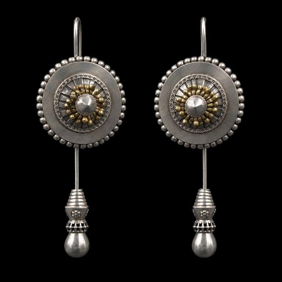 Sundial Earrings in 925 sterling silver, product photo on black – earrings, Bhavya Ramesh