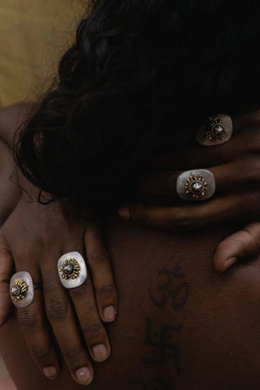 Suraj Ring in 925 sterling silver, worn by a model – rings, Bhavya Ramesh