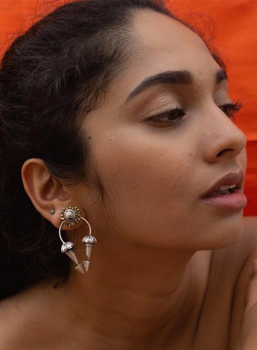 Surya Vamsh Earrings in 925 sterling silver, worn by a model – earrings, Bhavya Ramesh