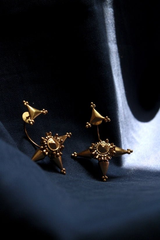 Symmetry Earrings in 18-carat gold plating on sterling silver, product photo on black – earrings, Bhavya Ramesh