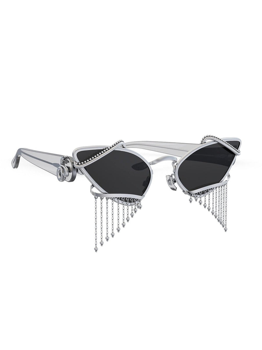 Tipsie Sunglasses in 925 sterling silver, product photo on black – sunglasses, Bhavya Ramesh