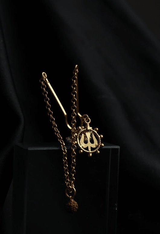 Trishul & Rudraksh Ear Hang in 18-carat gold plating on sterling silver, product photo on black – ear clips, Bhavya Ramesh