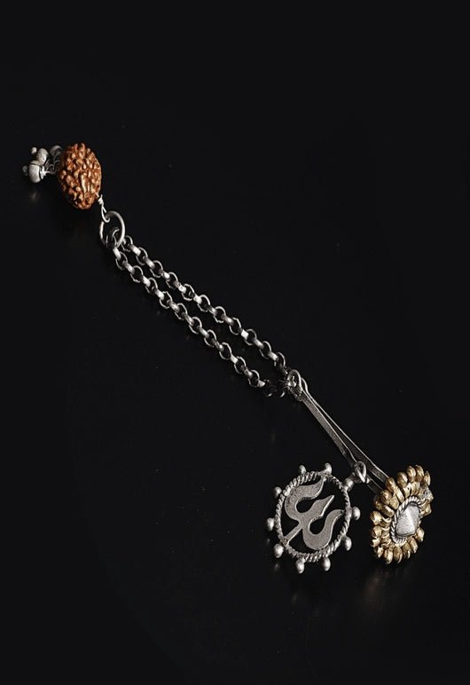 Trishul & Rudraksh Ear Hang in 925 sterling silver, product photo on black – ear clips, Bhavya Ramesh