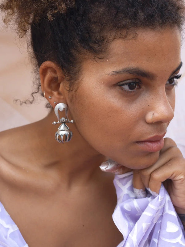 Trishul Jhumka in 925 sterling silver, worn by a model – earrings, Bhavya Ramesh
