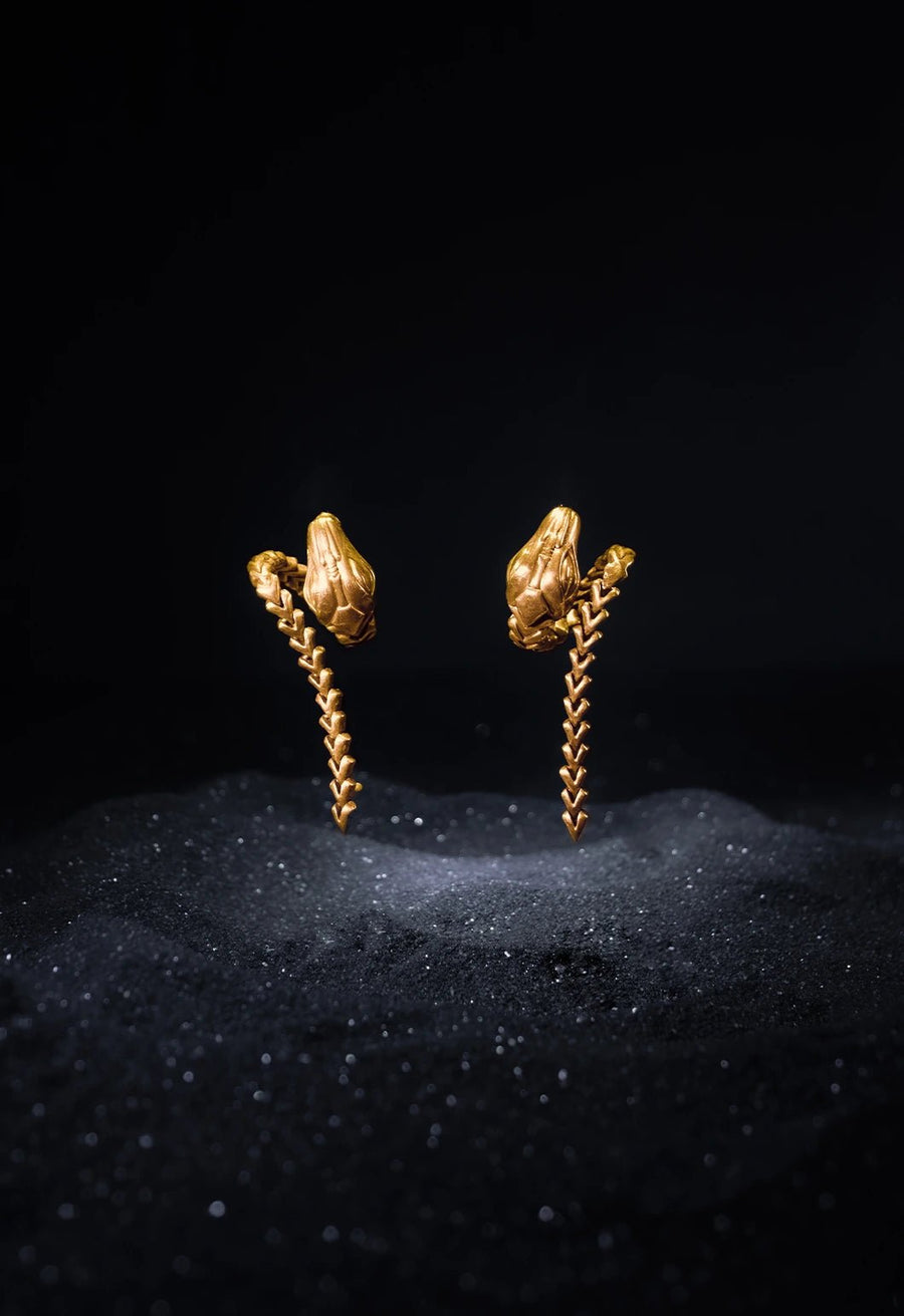 Ulupi Earring in 18-carat gold plating on sterling silver, product photo on black – earrings, Bhavya Ramesh