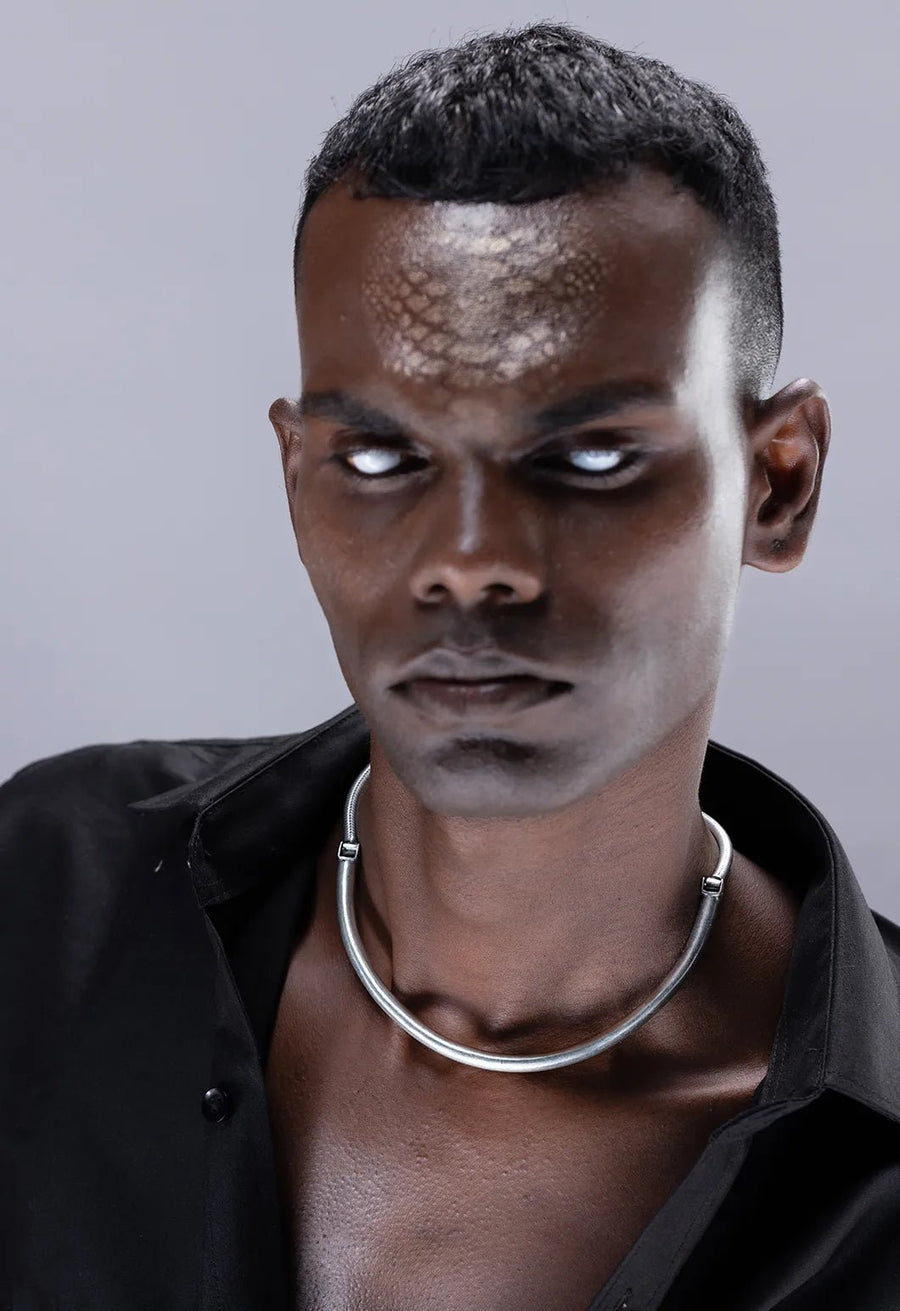Vishrantha Neckpiece in 925 sterling silver, worn by a model – neck pieces, Bhavya Ramesh
