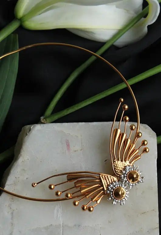 Wing Choker in 18-carat gold plating on sterling silver, product photo on black – neck pieces, Bhavya Ramesh