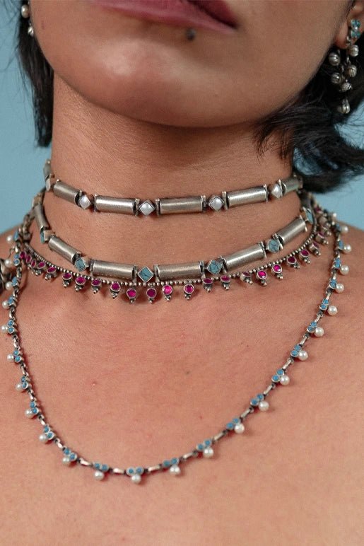 Drops Of Light Necklace in sterling silver, worn by a model – neck pieces, Bhavya Ramesh