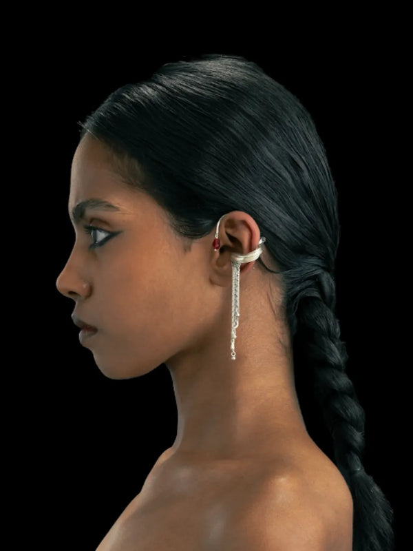 Embrace Earclip in sterling silver, worn by a model – ear clips, Bhavya Ramesh