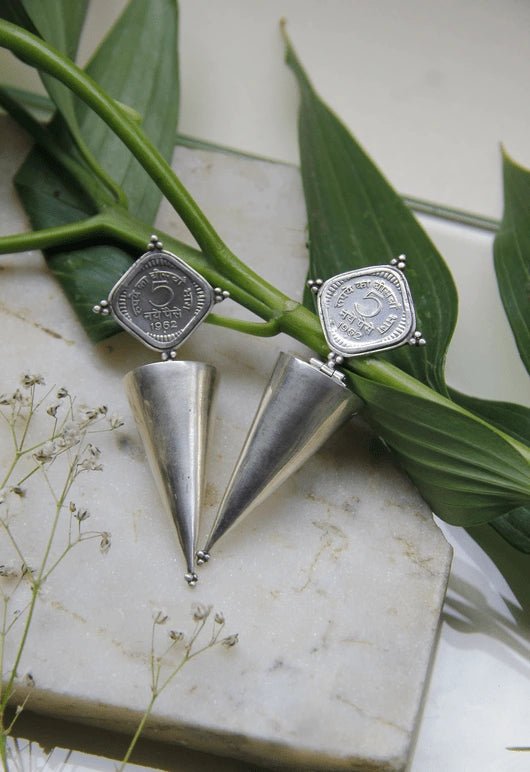 5 Paisa coin earring in 925 sterling silver, product photo on black – earrings, Bhavya Ramesh