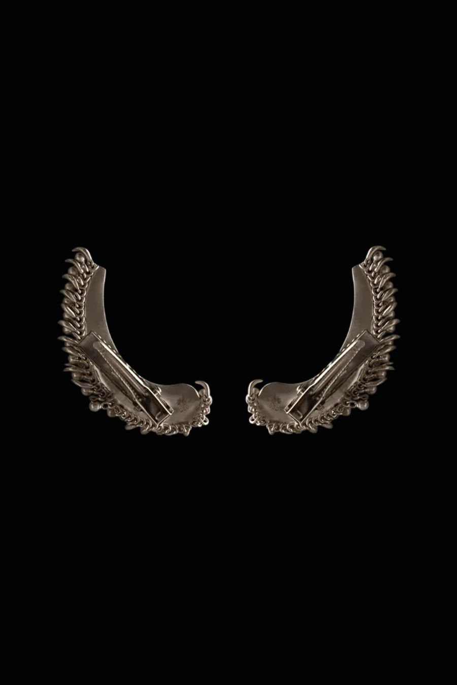 Tusk Hairclips in sterling silver, product photo on black – hair clip, Bhavya Ramesh