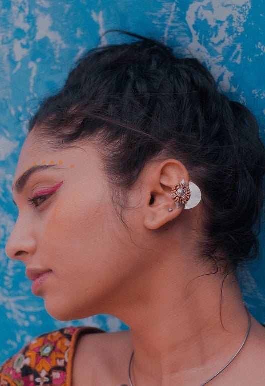 Axe Ear Clip in sterling silver, worn by a model – ear clips, Bhavya Ramesh