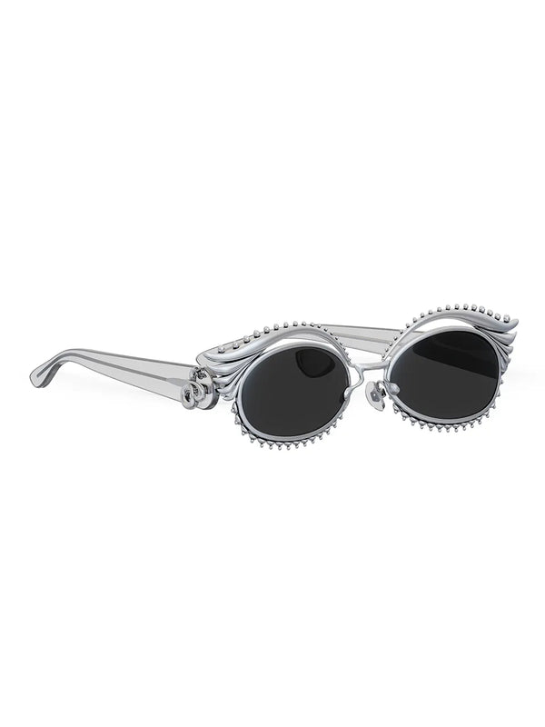 Chakri Sunglasses in 925 sterling silver, product photo on black – sunglasses, Bhavya Ramesh