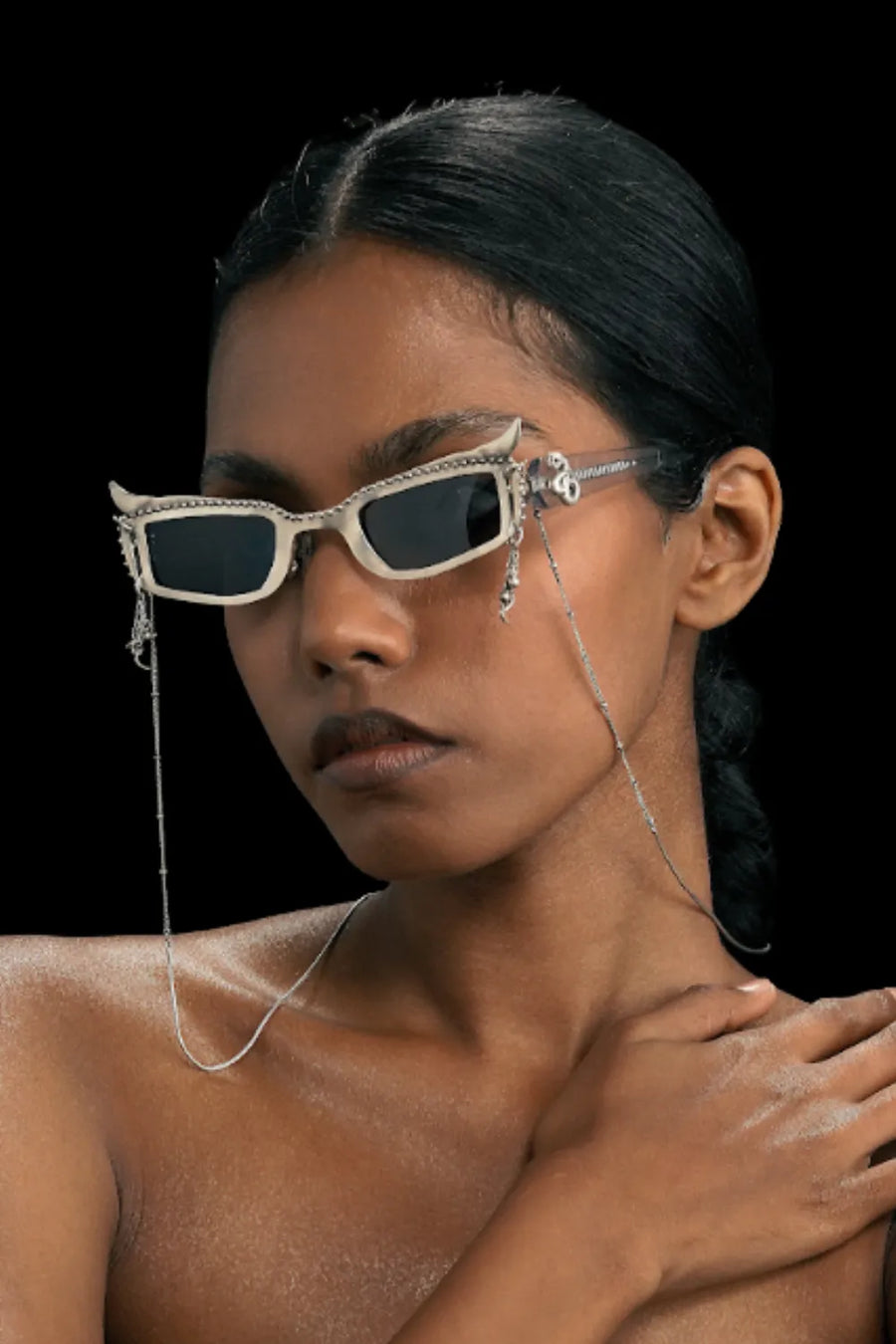 Eclipse Sunglass in sterling silver, worn by a model – sunglasses, Bhavya Ramesh
