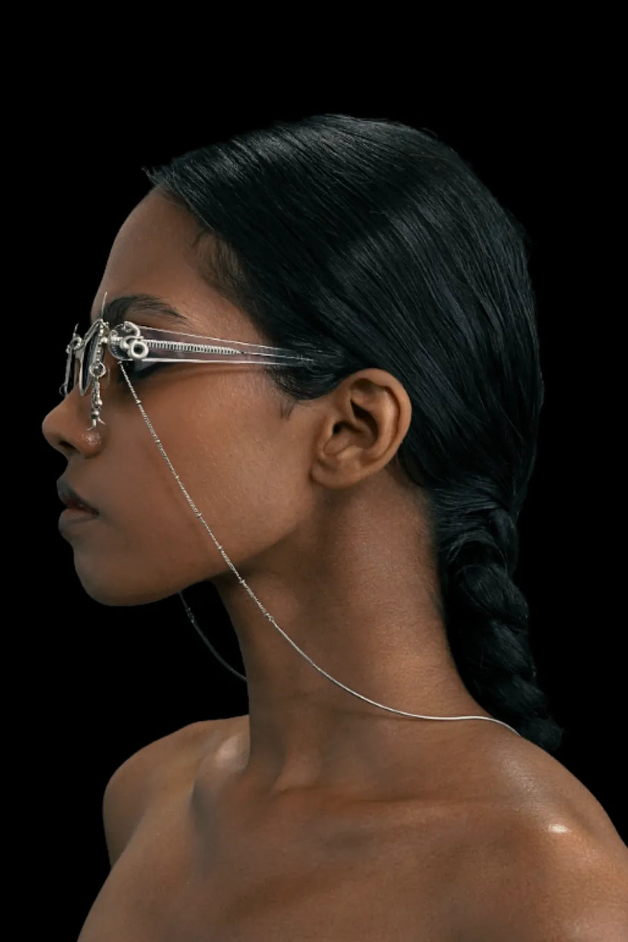Eclipse Sunglass in sterling silver, worn by a model – sunglasses, Bhavya Ramesh
