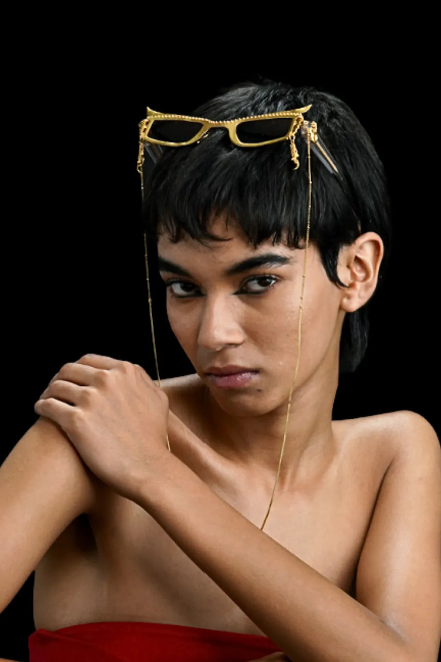 Eclipse Sunglass in sterling silver, worn by a model – sunglasses, Bhavya Ramesh