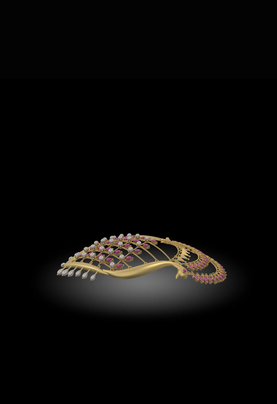 Jhilmil in 18-carat gold plating on sterling silver, product photo on black – hair harness, maangtika, Bhavya Ramesh
