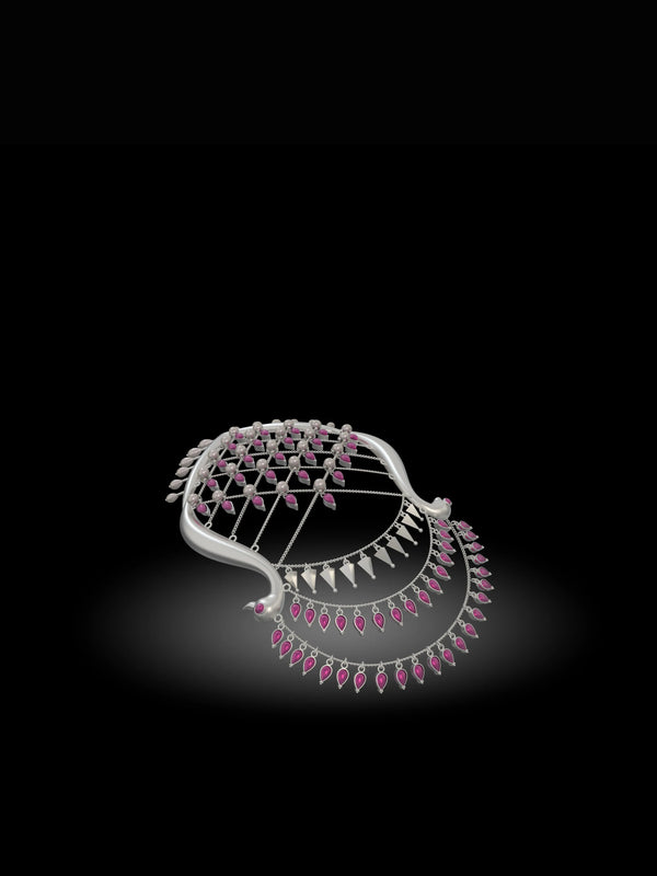 Jhilmil in sterling silver, product photo on black – hair harness, maangtika, Bhavya Ramesh