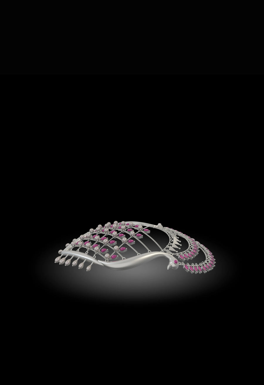 Jhilmil in sterling silver, product photo on black – hair harness, maangtika, Bhavya Ramesh