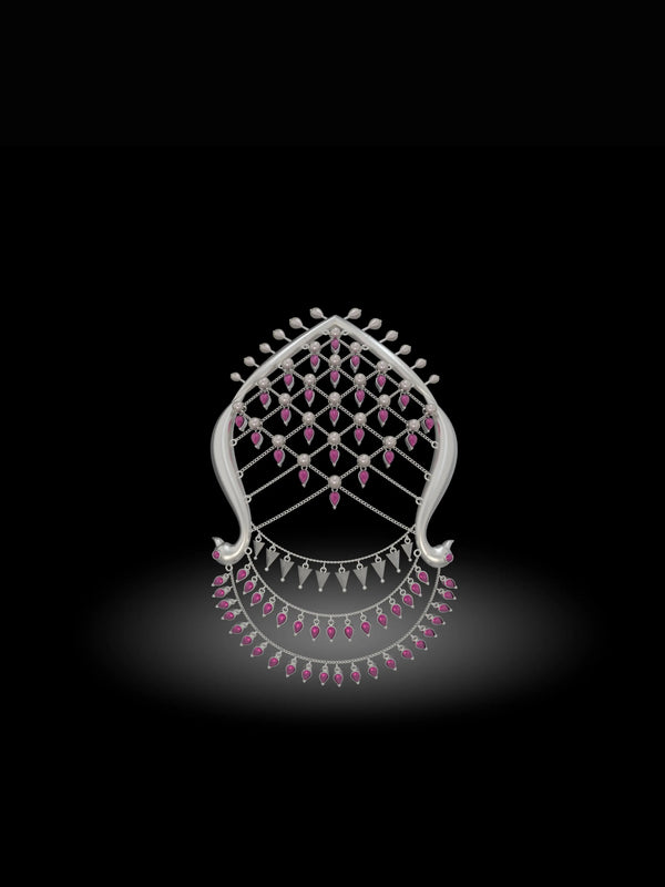 Jhilmil in 925 sterling silver, product photo on black – hair harness, maangtika, Bhavya Ramesh