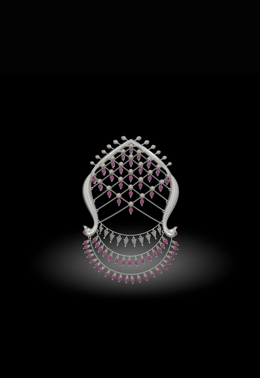Jhilmil in 925 sterling silver, product photo on black – hair harness, maangtika, Bhavya Ramesh