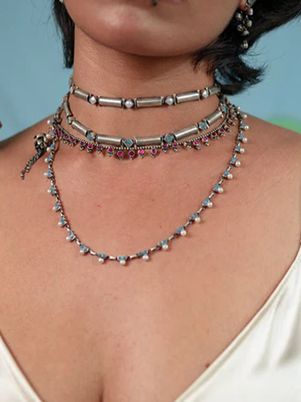 Radiate Choker in sterling silver, worn by a model – neck pieces, Bhavya Ramesh