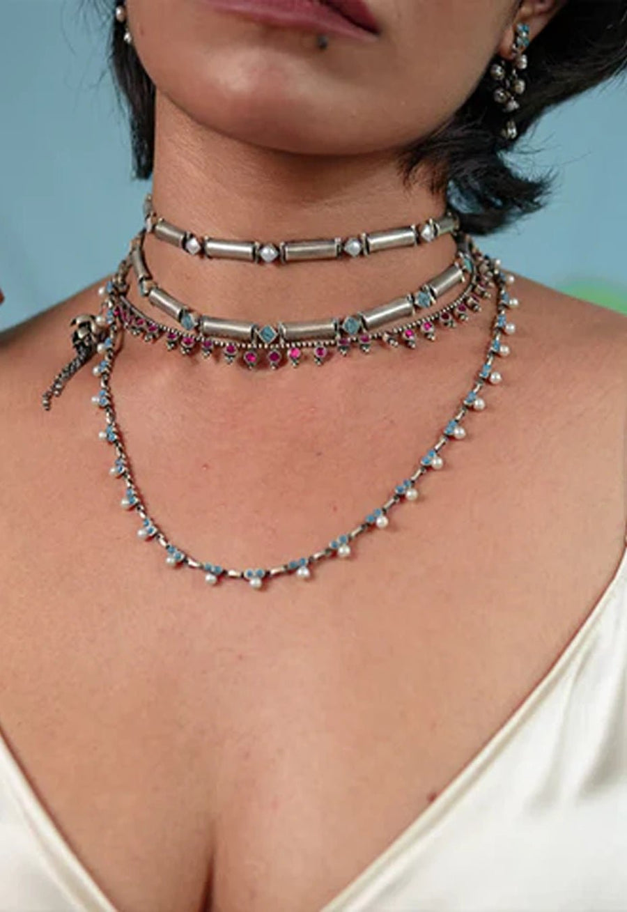 Radiate Choker in sterling silver, worn by a model – neck pieces, Bhavya Ramesh