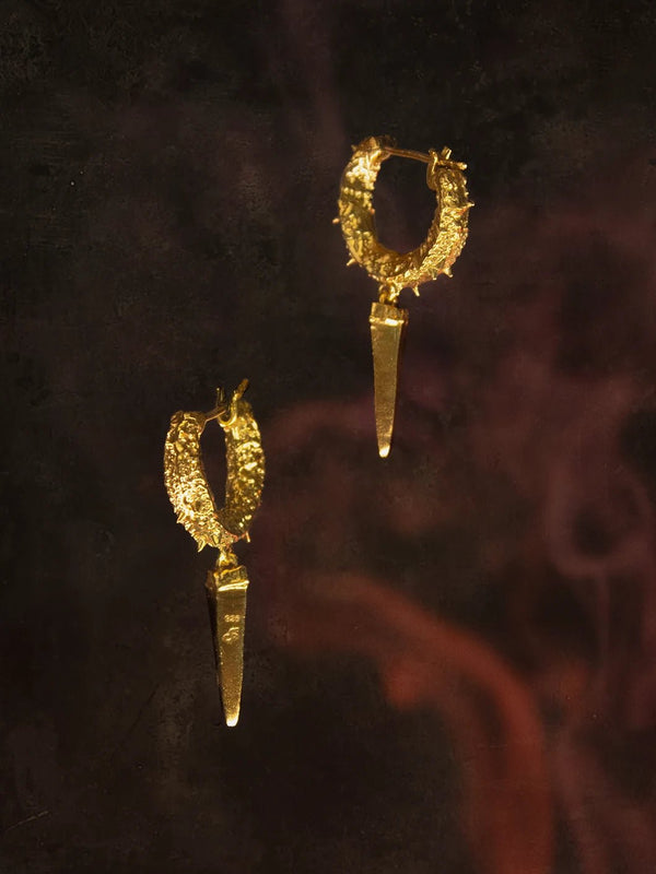 Anguished Earring in 18-carat gold plating on sterling silver, product photo on black – earrings, Bhavya Ramesh