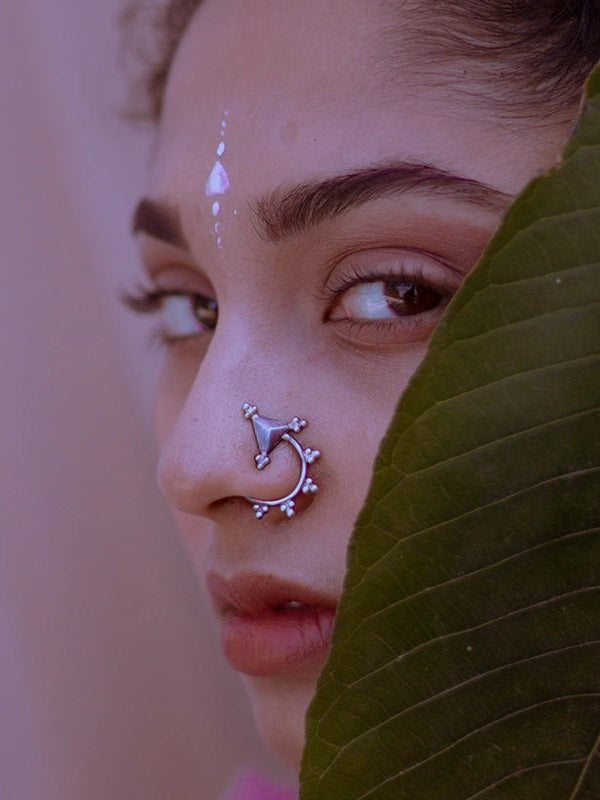 Arrow Nose Clip in 925 sterling silver, worn by a model – nose pin, Bhavya Ramesh