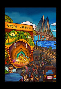 The full illustration on the Bhavya Ramesh gift card: a serpent shopfront full of treasure, the Sea Link behind