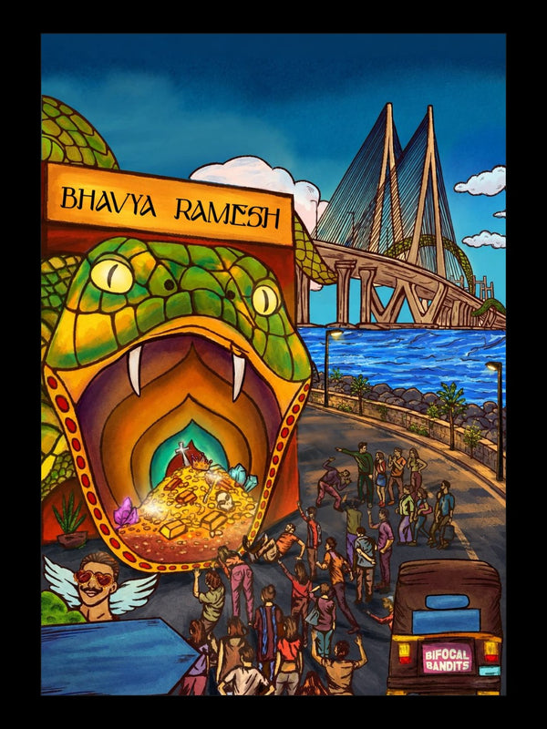 The full illustration on the Bhavya Ramesh gift card: a serpent shopfront full of treasure, the Sea Link behind