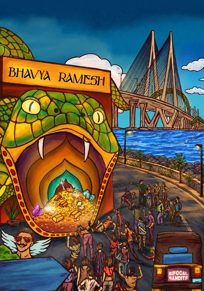 The Bhavya Ramesh gift card: A giant serpent shopfront, its mouth full of treasure, with the Sea Link behind