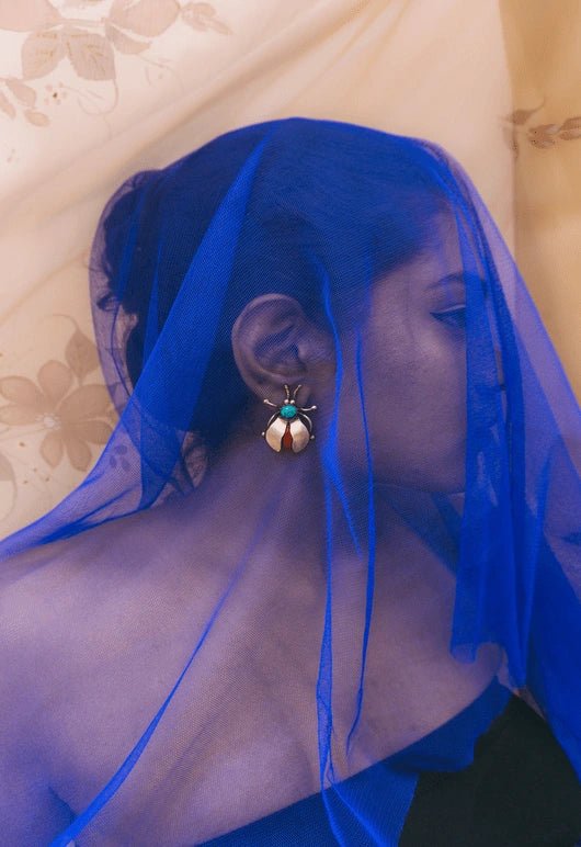 Bug Earrings in 18-carat gold plating on sterling silver, worn by a model – earrings, Bhavya Ramesh