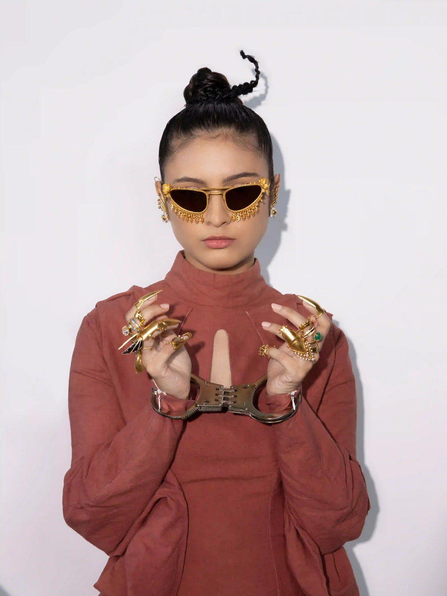 Chameli Sunglasses in 18-carat gold plating on sterling silver, worn by a model – sunglasses, Bhavya Ramesh