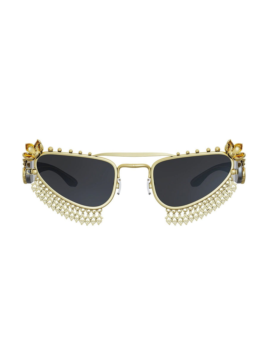 Chameli Sunglasses in 18-carat gold plating on sterling silver, product photo on black – sunglasses, Bhavya Ramesh
