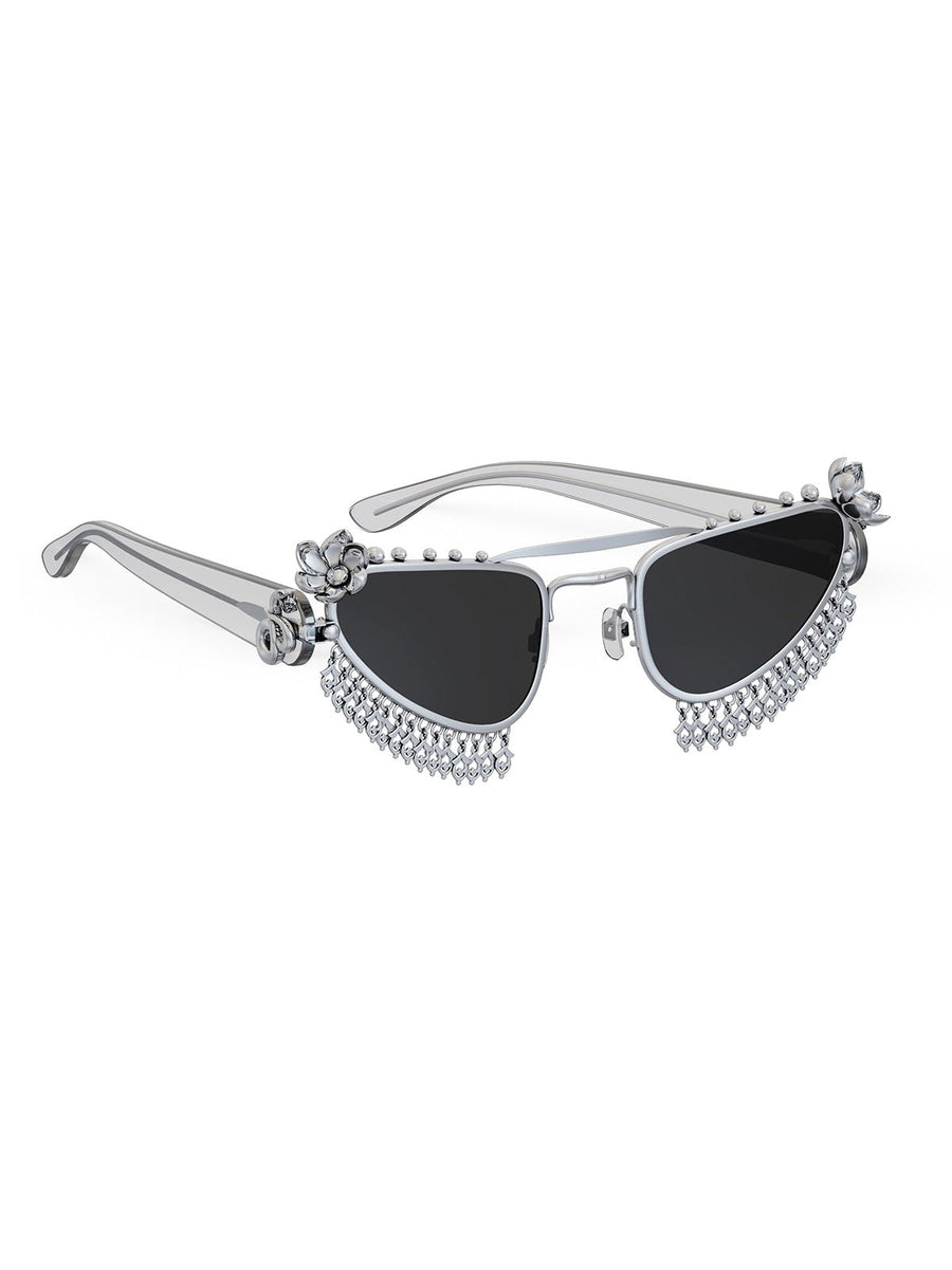 Chameli Sunglasses in 925 sterling silver, product photo on black – sunglasses, Bhavya Ramesh
