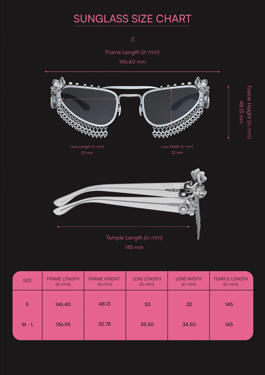 Chameli Sunglasses in sterling silver, product photo on black – sunglasses, Bhavya Ramesh