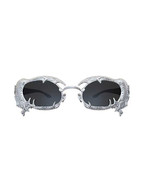 Clawless Sunglasses in 925 sterling silver, product photo on black – sunglasses, Bhavya Ramesh