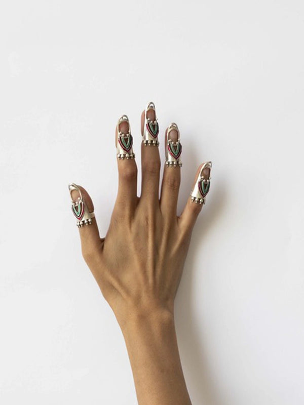 Cleo in 925 sterling silver, worn by a model – nail rings, Bhavya Ramesh